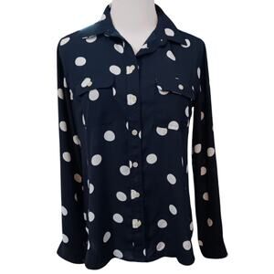 LOFT Blouse Top‎ Career Office Professional Chic XS Navy Blue White Polka Dots